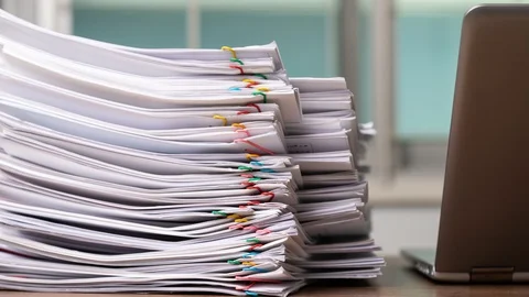 4K Stop motion - Stack overload business document report paper Stock Footage 128303699
