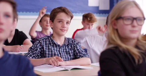 4k, students in class with their arm raised to answer a question. Slow motion. Stock Footage 63025160