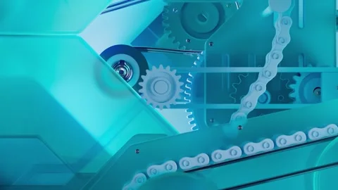 4K Stylized Translucent Cyan Mechanical Chain Drive Gear Roller System Stock-Footage 332157299