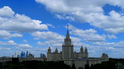 4K sunny day time lapse of Moscow university with moving dramatic clouds. Stock Footage 155553681