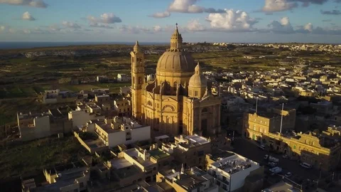 4k Sunrise Drone - Rotunda St. John Baptist Church.  Xewkija, Gozo.  Malta Stock Footage 83019341