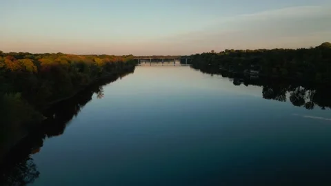 4K Sunset Calm River Bridge Video stock 218408191