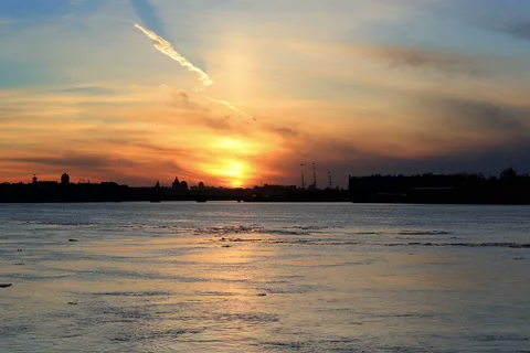 4K. Sunset on the Neva River in St. Petersburg, Russia. Ultra HD, 4096x2730 Stock Footage 48904845
