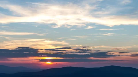 4K sunset through the clouds and mountain silhouettes Video stock 255529972