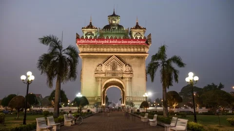 4K Sunset time lapse Victory Gate monument, arc de triomphe, Vientiane, Laos. Stock Footage 67437611