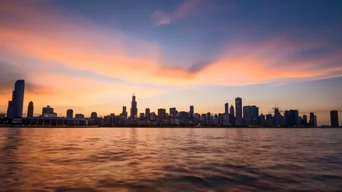 4K Sunset Timelapse of Chicago Skyline waterfront Stock Footage 77458634