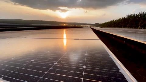 4K Sunset view Large Scale Solar Farm Solar Panels, Photovoltaic Panel Stock-Footage 153979653