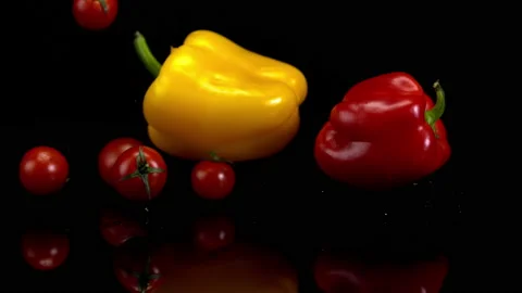 4K Super 1000 FPS Super Slow-Mo Of Veggies Falling On Wet Black Ground Stock Footage 151532446