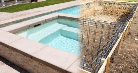 4k Swimming Pool Construction Site Fading Vertically to Completion. Stock Footage 109116169
