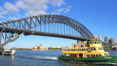 4K Sydney Harbour Bridge Opera House and Yellow City Ferry Editorial Stock-Footage 332157365