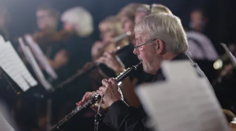 4K Symphony orchestra during a performance with focus on oboist Stock Footage