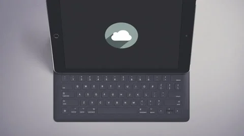 4K - tablet with keyboard and cloud logo top view Video stock 62391709