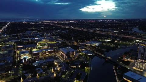 4K Tampa Bay Skyline at Night with Lightning in Distance Horizontal Stock Footage 286271653