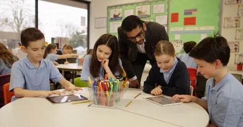 4k, Teacher and students with digital touchscreen tablet in a classroom Stock Footage 74281276