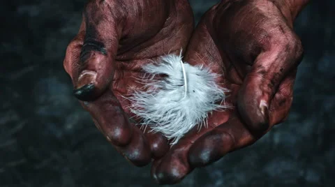 4k Technical Composition of Dirty Mechanic Hands Holding Feather Vídeo Stock 66688340