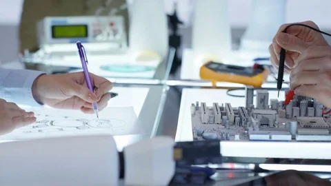 4K Technical design team collaborating on construction of robot in modern lab Stock Footage 71314597