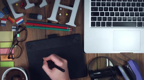 4k Technology Composition from Above of Hand Sketching with Touch Pen Stock Footage