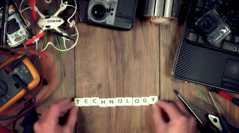 4k Technology Composition from Above of Scrabble word 'Technology' Stock Footage 68030042