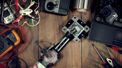 4k Technology Composition from Above of a Toy Helicopter Stock Footage