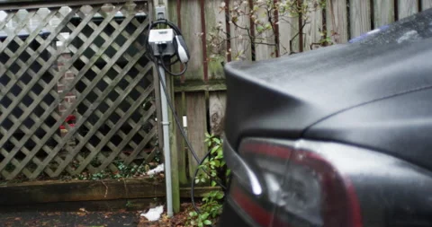 4k Tesla model S Rack focus rear tail light to super charging station back to Stock Footage 137624765