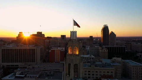 4K Texas State Flag Drone Aerial Sunset San Antonio Skyline Texas Star Stock Footage 119729207