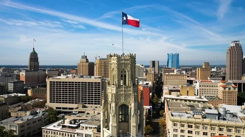 4K Texas State Flag Slow Motion San Antonio Drone Stock Footage 119722388