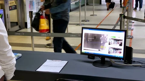 4K Thermal scanner detecting infected people with Covid-19 in train station.-Dan Stock Footage 126722883