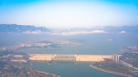 4K Three Gorges Dam Misty Hydraulic Project Time Lapse Stock Footage 346940765