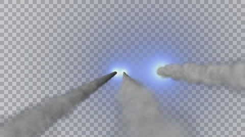 4K Three Realistic Smoke Trails With Blue Optical Flares &amp; Alpha Fire Rocket Stock Footage 60736444