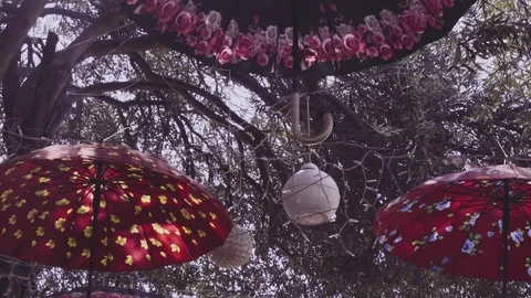 4k three umbrellas in the sky - Red Yellow - Israel 2017 Video stock 80348642