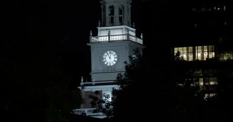 4K TILT DOWN OF INDEPENDENCE HALL COLONIAL STYLE CLOCK TOWER Stock Footage 132603065