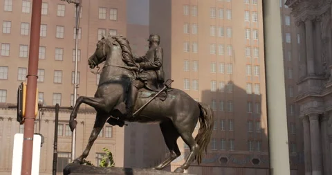 4K TILT DOWN OF VANDALIZED JAMES REYNOLDS STATUE DURING PROTEST Stock Footage 131453168