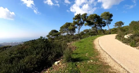 4k tilt left horizontal Pano video. View of forest, sea, and city under a blue Stock Footage 145689479