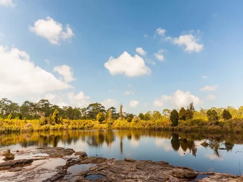 4K Time-lape, Lake under blue cloudy sky. Stock Footage 72492033