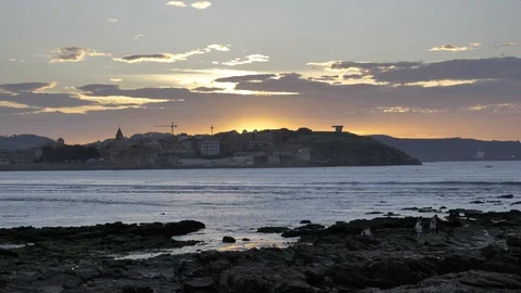 4k Time-Laps of amazing sunset at the Atlantic ocean cost, at Gijon, Cantabrian Stock Footage 93215029