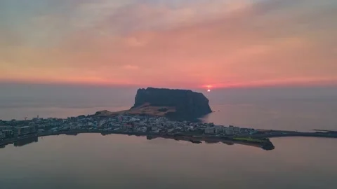 4K Time-lapse Aerial View of Sunrise at Seongsan Sunrise Peak, South Korea Stock Footage 145845633
