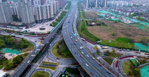 4K Time Lapse Aerial View of Moving Vehicles on Jiangbei Expressway Stock Footage 319637688
