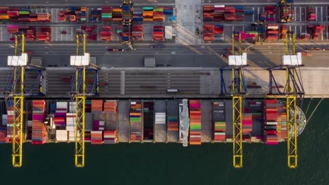 4K time lapse aerial view shot Commercial port harbor export import goods Stock-Footage 336269943