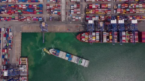 4K time lapse aerial view shot Commercial port harbor export import goods Stock-Footage 336270046