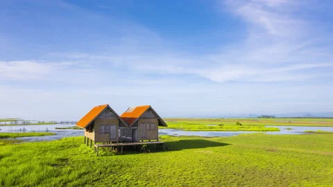 4K time lapse of alone abandoned house in wetland Stock Footage 138753497