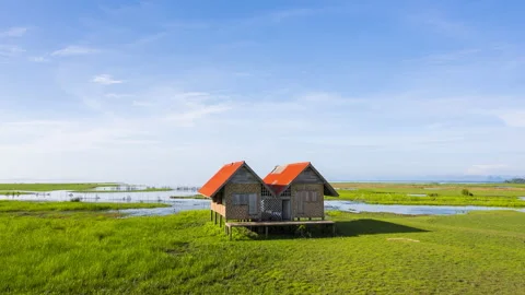 4K time-lapse of alone abandoned house the landmark of Thale noi wetland Video stock 145144662