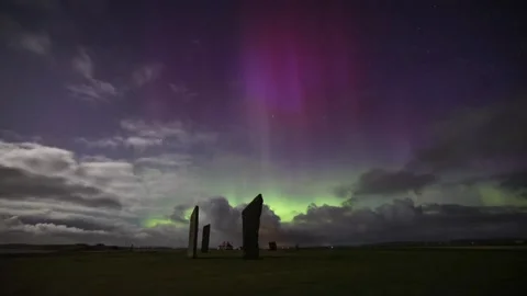 4k time lapse of aurora and cloud at the standing stones of stenness in Orkn Stock Footage 301105134