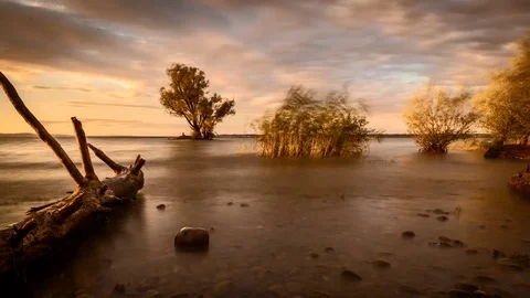 4K Time Lapse Beach Lake Strom Clouds Drift Wood Reed Island Trees Stock Footage 71385881