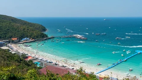  4k time lapse. Beautiful beaches of Koh Larn, Pattaya, Thailand and tourists wh Stock Footage 102121189
