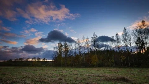 4k time-lapse with beautiful sunset sky over autumnal meadow and forest 스톡 동영상 82215811