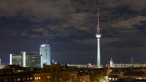 4K Time lapse of Berlin Mitte rooftops panorama and TV tower Видео 108861915