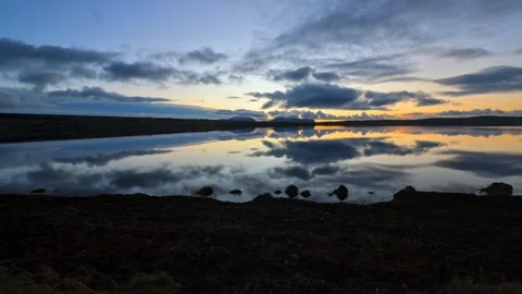 4k time lapse of blue hour over the Stenness Loch in Orkney with the Hoy hills Stock Footage 297285016
