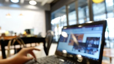 4K Time lapse Blurry background businesswoman working on laptop in coffee shop Stock Footage 94594020