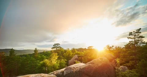 4k time lapse, Carpathian mountains landscape at sunset, stone rocks of Dovbush Stock Footage 212084363
