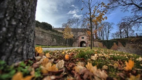 4K Time lapse in castle with autumn leaves Stock Footage 72729375